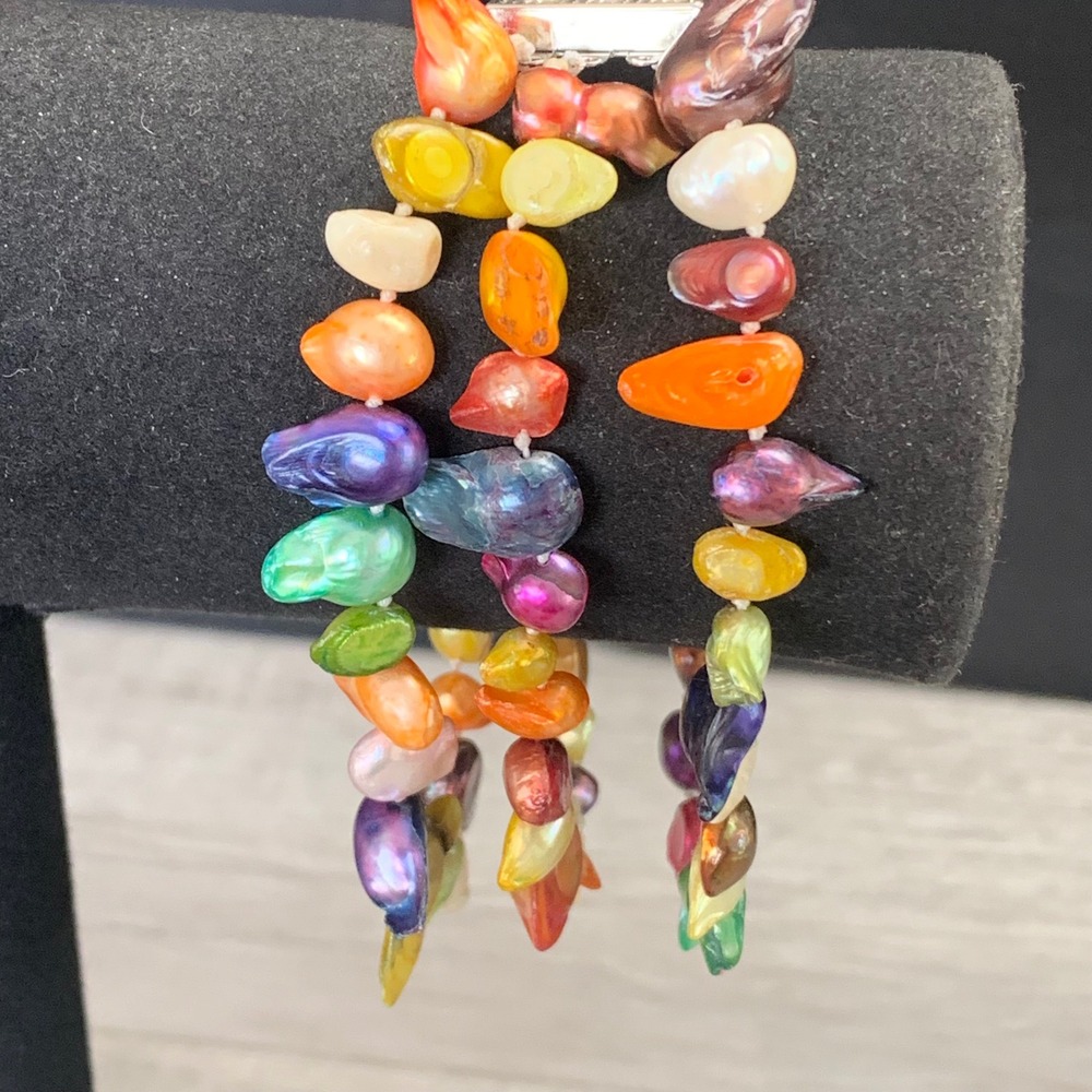 Multi Strand Rainbow Keshi Freshwater Pearl Bracelet Rhinestone Clasp 7.5 Inch